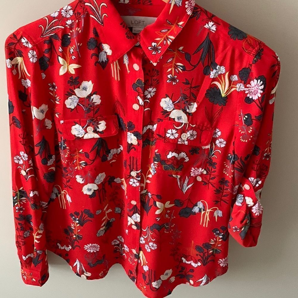 Loft red floral camp shirt